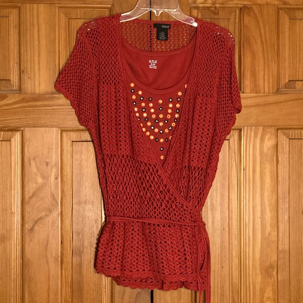 NWOT a.n.a Vintage 90s Tank & Crochet Cardigan Set Red L/XL Large/Extra Large
